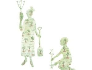 Illustration of Wangari Maathai planting a tree with children in a lush green field.