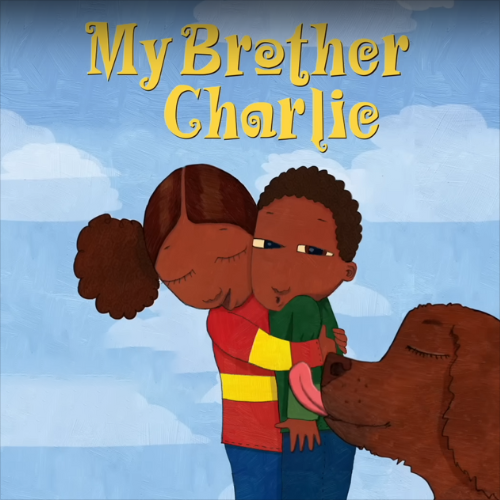 Siblings hugging each other with a dog nearby, showing love and inclusion in a family