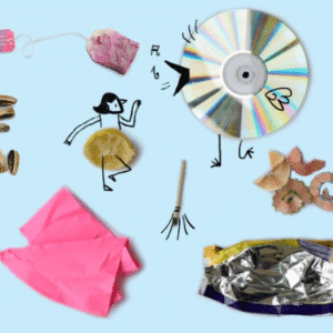 A colorful collage of objects like bottle caps, buttons, and wrappers arranged as artwork.